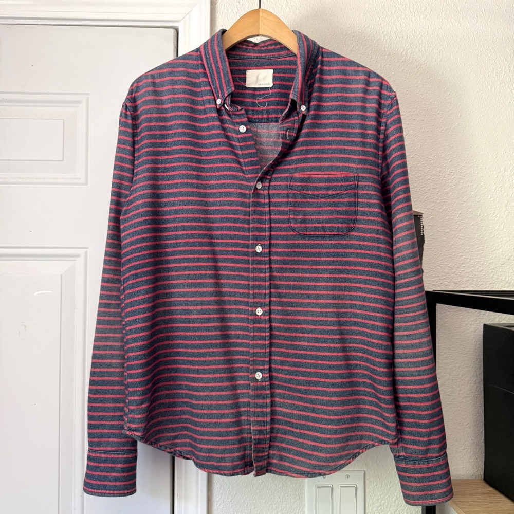 BAND OF OUTSIDERS blue red striped cotton knit long sleeve button up shirt
